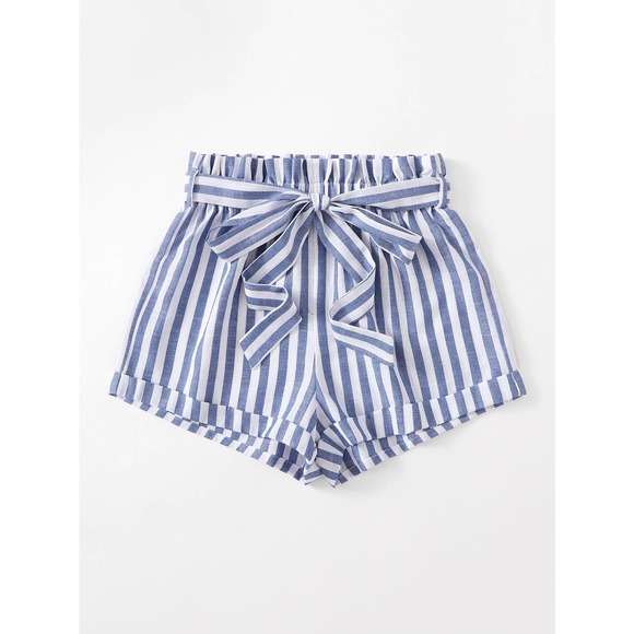 Boho Rolled Hem Self Belted paper bag Striped Shorts green white preppy - Picture 3 of 6